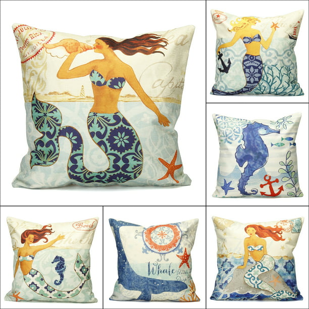 18" Vintage Mermaid Cotton Linen Cushion Cover Square Throw Pillow Case Decor